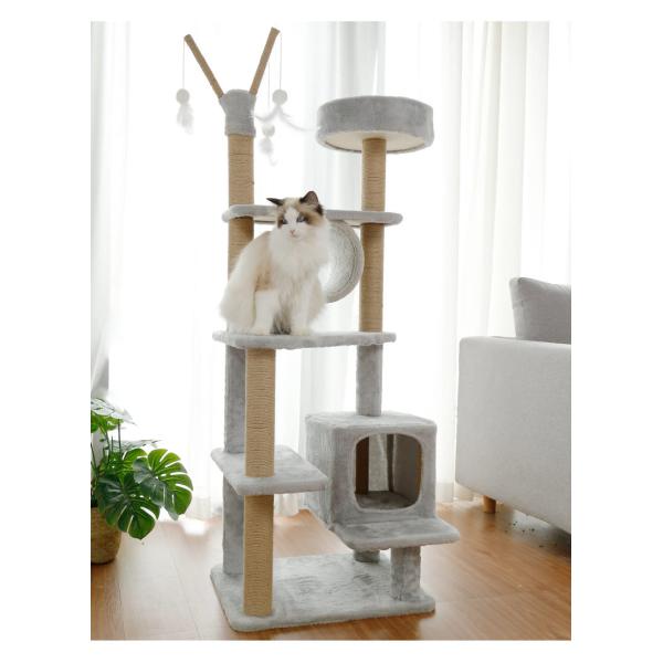Gray Short Plush And Sisal Tall Cat Tower Large Cat Tree For Rest