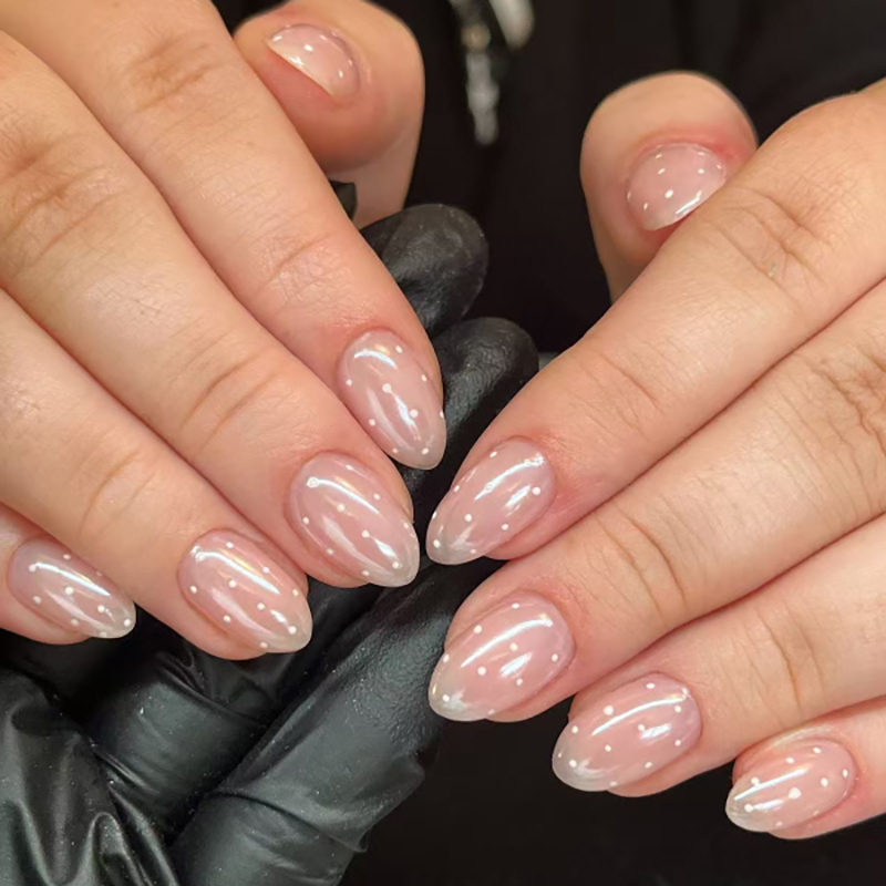 Pink Holographic Press On Nails Medium Almond Polka Dot Nails FDA Approval
