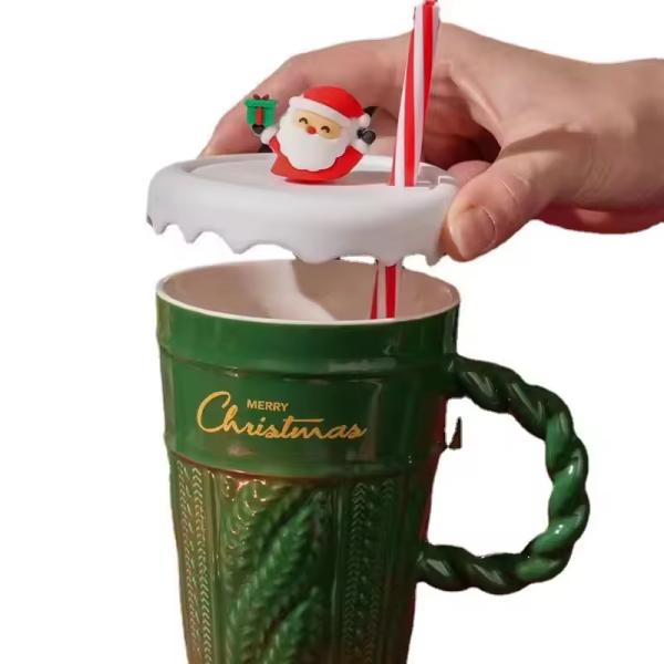 2024 Ceramic Christmas Mug Water Cup With Lid And Straw For Office Home Drinking Mug Children's Gift Design