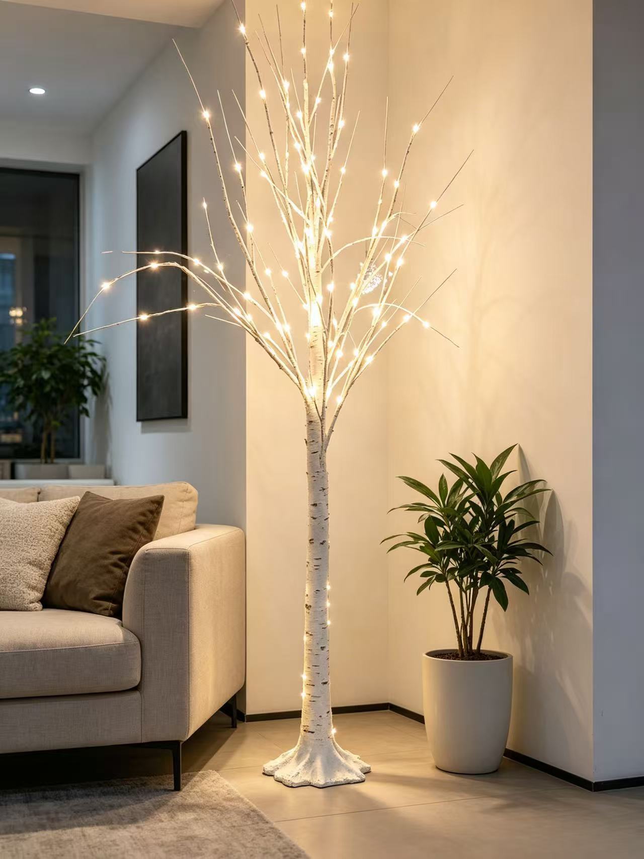 Glowing white birch tree light featuring a white trunk and branches adorned with soft-glow LED beads; direct-from-factory production allows for full customization of size, light color, and switch type