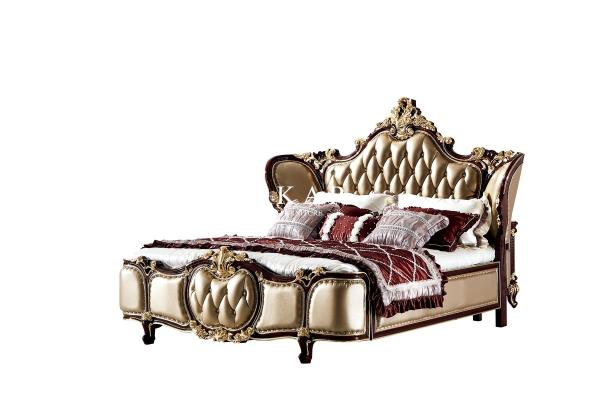 Classic Luxury Wooden Design Upholstered Leather Antique Headboard King Size Bed