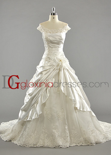 2013 A-line off-the-shoulder train pleated beaded lace satin ivory bridal dresses BDGD1003