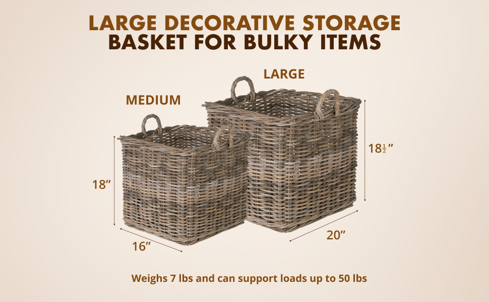 Large Square Rattan Basket, Handmade, Living Room, Blankets, Toy Bin, Extra Storage, Decorative Storage, Laundry Basket, Linens, Gray & Brown, Large