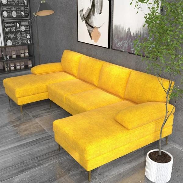 OEM ODM Galvanized Steel leg Ocean Villa yellow chenille u shape sofa set luxury modern sectional corner couch home