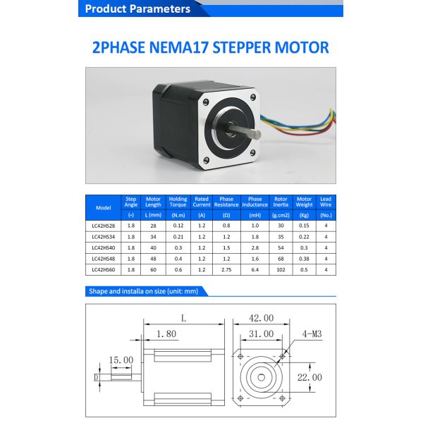 Lichuan DC Open Loop Stepper Motor Drivers Kit 0.21N.m 2 Phase Nema17 DC24V～48V 1.2A