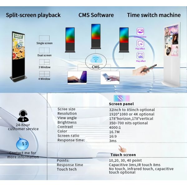CH 55/65 Inch IPS LCD Touch Screen Digital Signage Advertising Kiosk with Built-in CMS Smart WiFi NFC Floor Stand