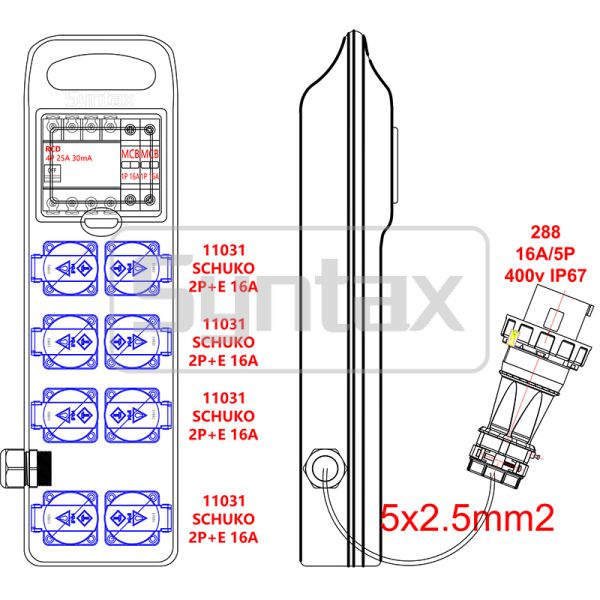 Syntax CT3 16AMP Three Phase Socket Power Splitter Lead IP44 Waterproof With 8 Schuko Sockets 490*142*95mm