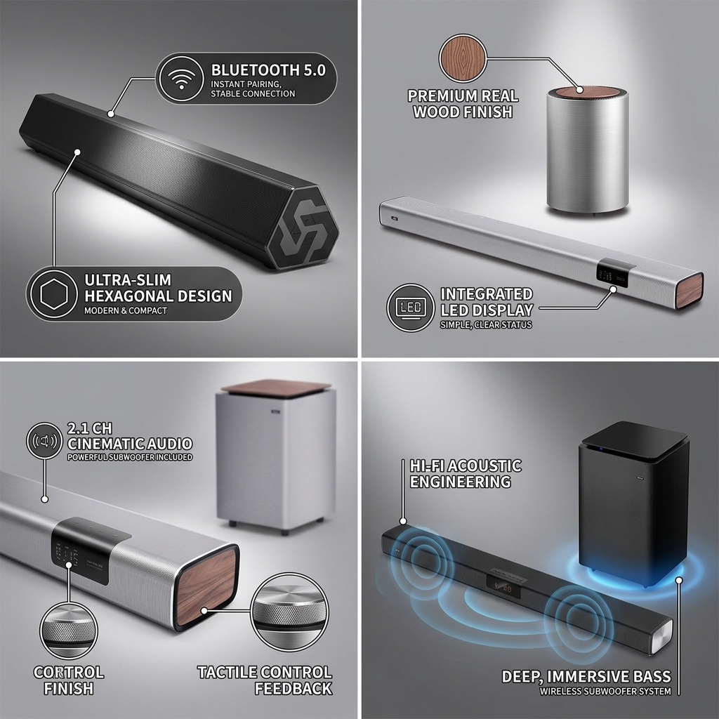 Bluetooth Soundbar Speaker AS-P1 30W 2.0CH Small / Super Bass TV Audio Wireless Streaming