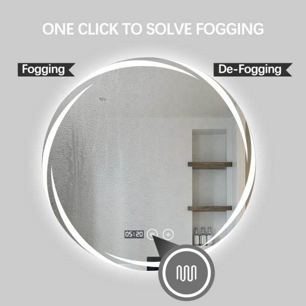 Modern Round Bathroom Mirror Anti Fog Waterproof Wall Mounted Lighted Makeup Mirror