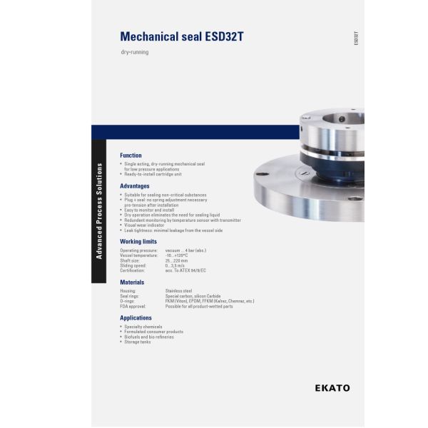 EKATO ESD32T Single Acting Dry-Running Mechanical Seal Cartridge Seals