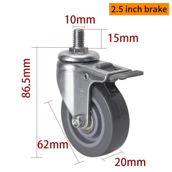 EDL Mini ruedas de ruedas de 2.5 pulgadas 40 kg TPU roscado por tipo de giro y freno