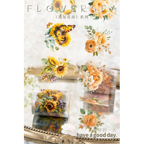 2M/Roll Flower Series PET Adhesive Tape Encounters with Sea Plant Hand Ledger DIY Material Decorative Circular Sticker 8 Styles