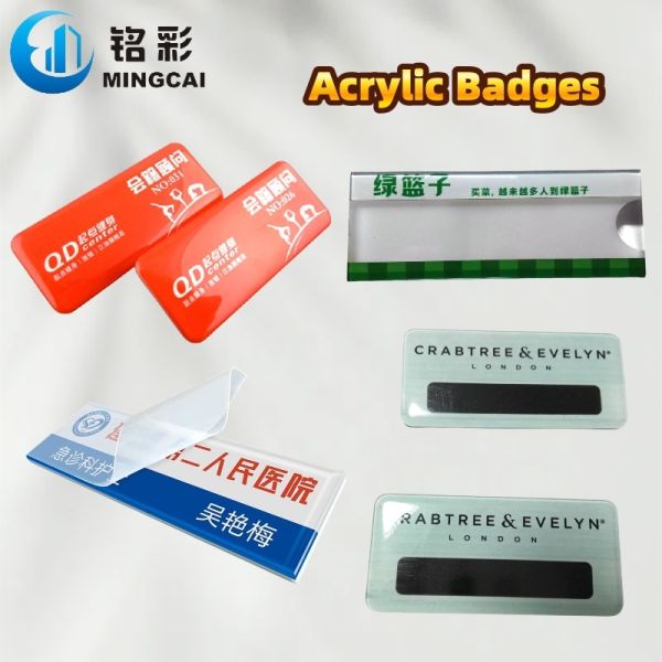 Custom Printed Dome Acrylic Name Badges with Glossy Resin Surface and Optional Magnetic or Pin Back for Personalized Staff Name Tags