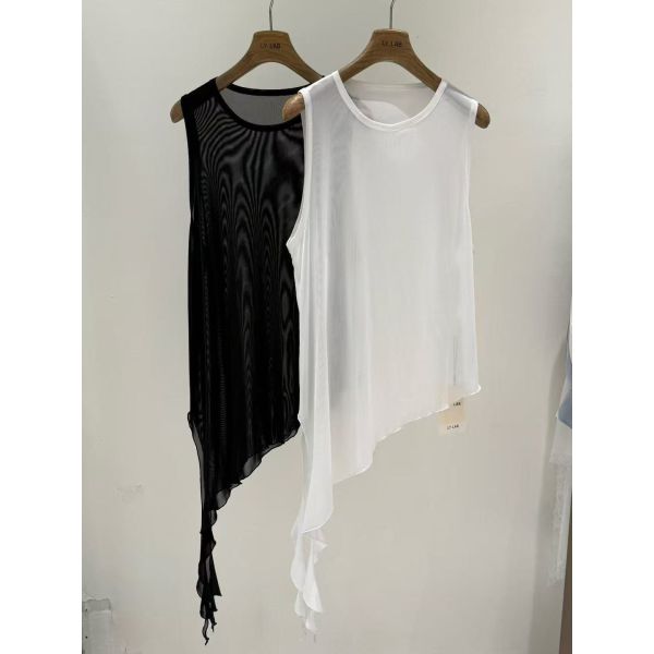 Spring and summer new black and white 100% polyester irregular hem mesh vest