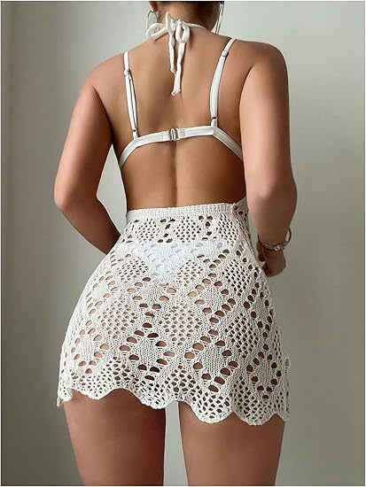 Swimsuit Coverup For Women Crochet Swim Cover Up Bathing Suit Cover Up For Women Mesh Knit Beach Cover Up Crochet Halter Cover Up Dress Hollow Out Backless Sleeveless Bikini Coverups