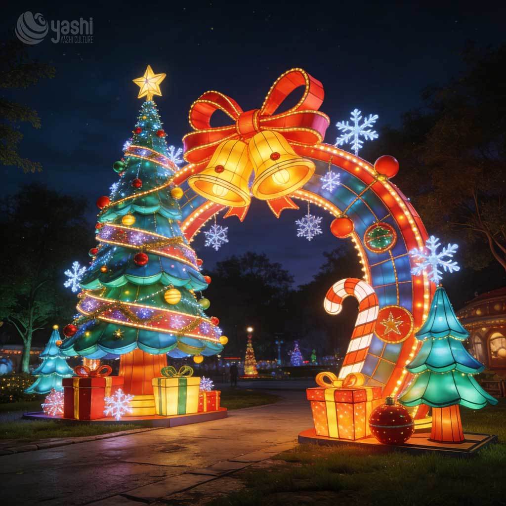 Custom Christmas Bell Bow Festival Lantern Arch, LED Light Archway With Christmas Tree & Gift Box For Outdoor Light Exhibition