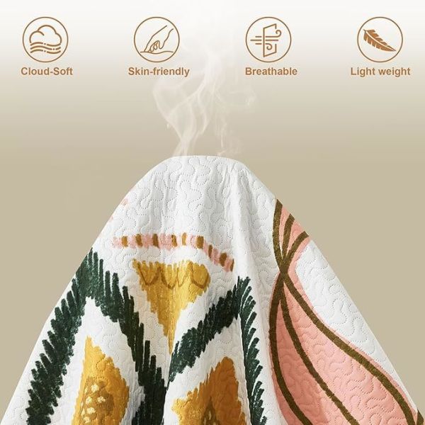 3-Piece Mid Century Modern Farmhouse Quilt Set with Botanical Print Reversible Bedspread Coverlet