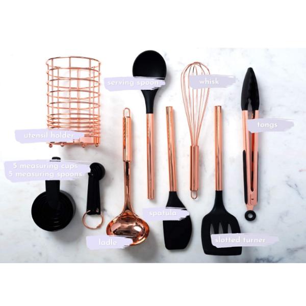 17 Piece Set Black Silicone & Copper Kitchen Utensils Rose Gold