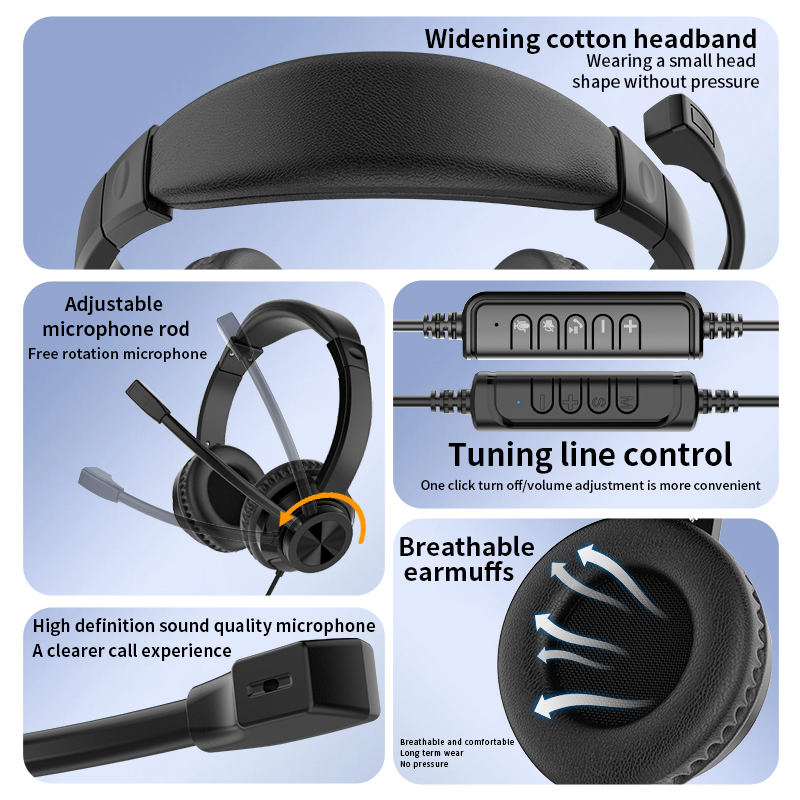 JTY-1036 Wired Call Center Headset with Adjustable Microphone, USB Type‑C 3.5mm Multi‑Interface Over‑Ear Headphone, Volume & Mute Control for Office Customer Service Online Class