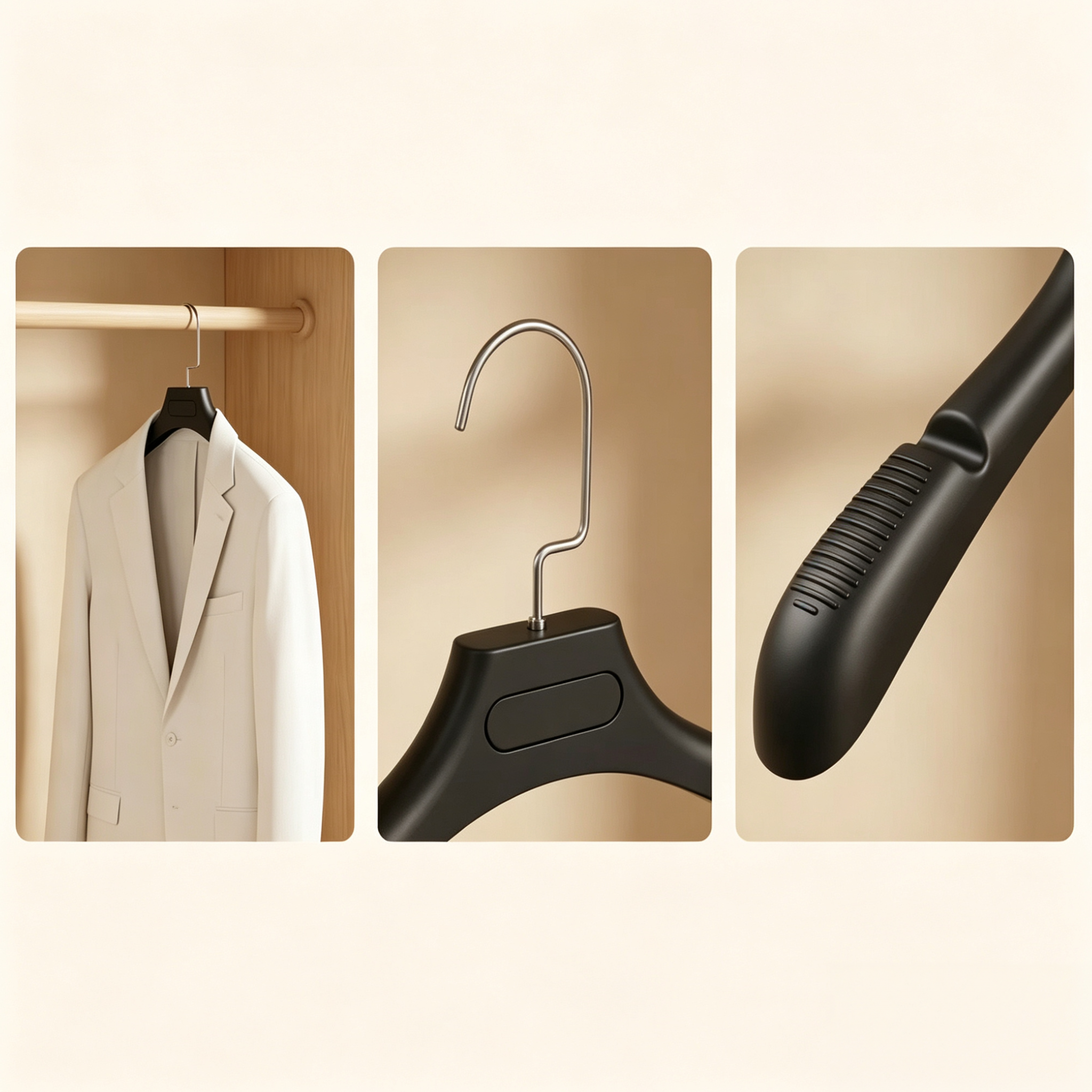 Matte black non-slip ABS material suit hanger for coats and suits with chrome flat hooks