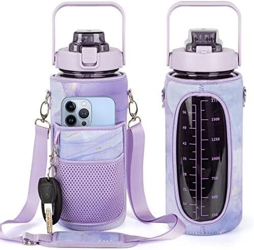 Half Gallon Water Bottle With Sleeve 64oz (2L) Inspirational Water Bottle With Straw and Time Stamp,