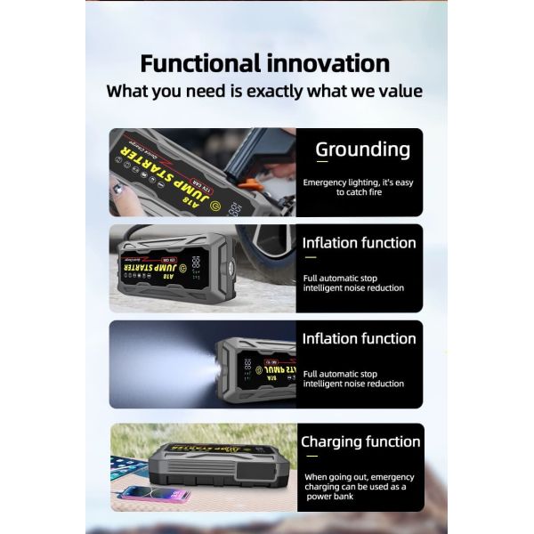 Portable 3000A Car Battery Jump Starter With QC3.0 Charging Car Inflate