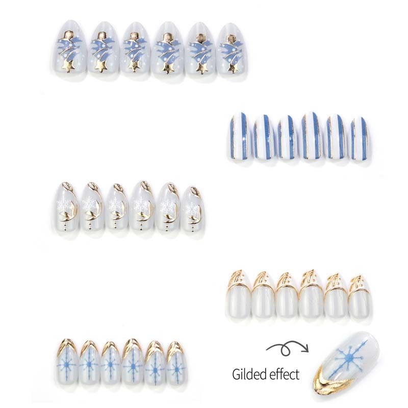 Wholesale Blue Snowflake Christmas Holiday Press On Nails Almond White Gold Foil