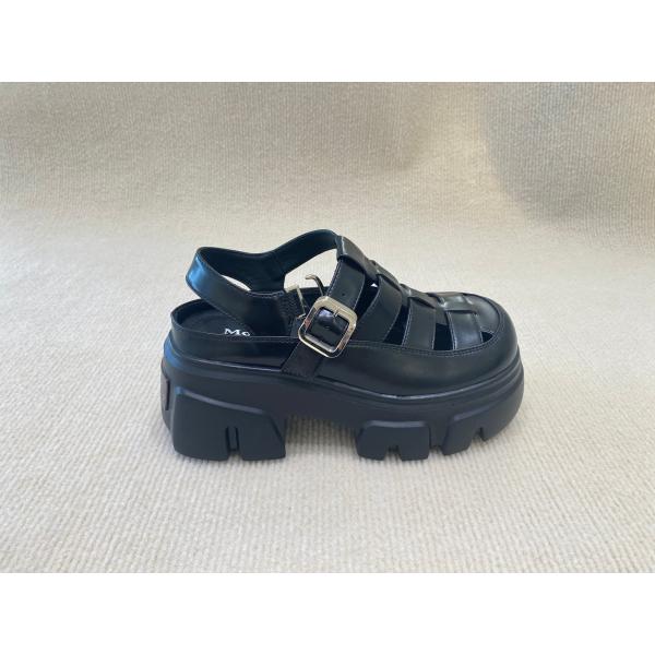 Belt Buckle Braided Black Platform Sandals Bowhead Hollow Out And Foam Outsole