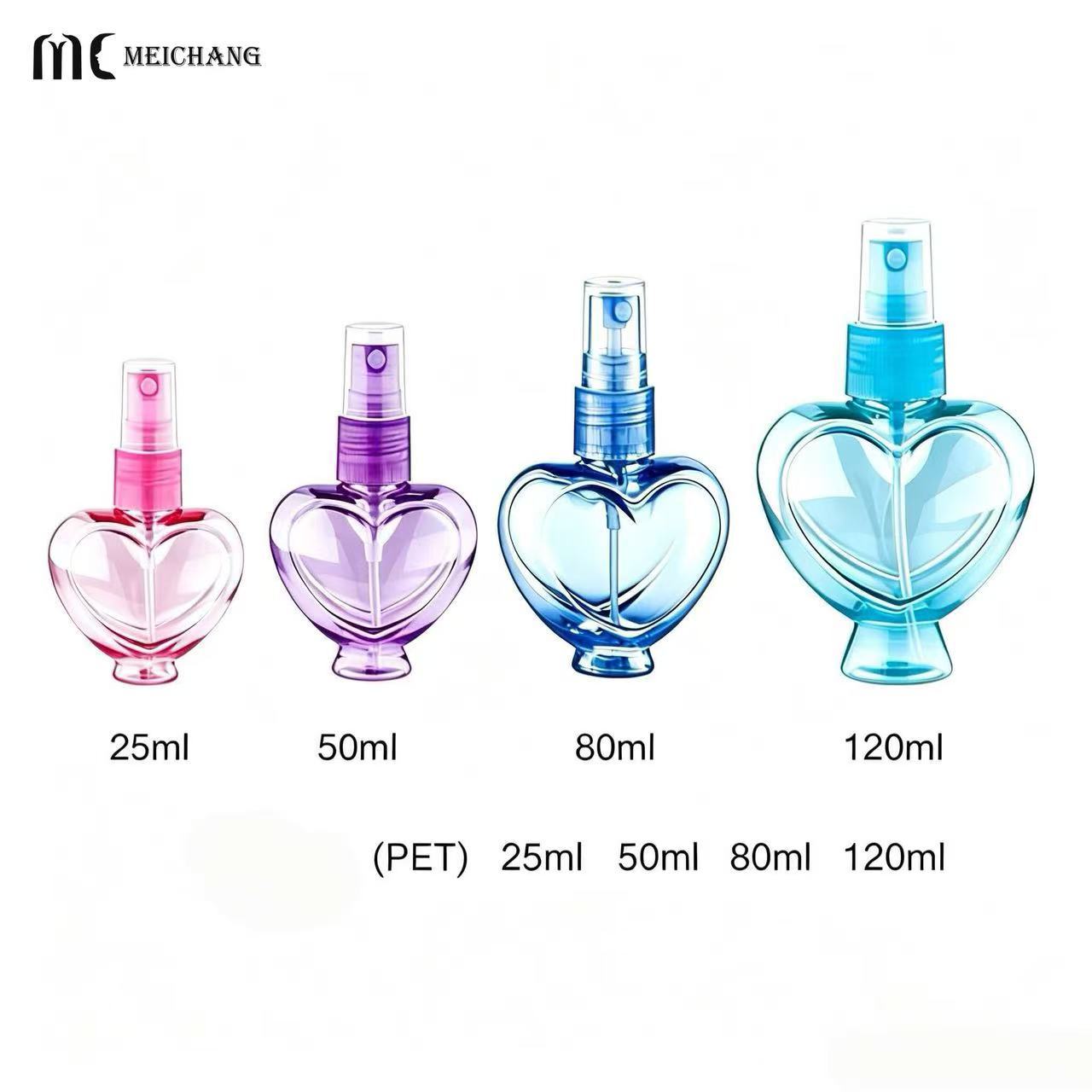 25ml, 50ml, 80ml and 120ml Heart-Shaped Electroplated PET Fine Mist Spray Bottle (MC-449)