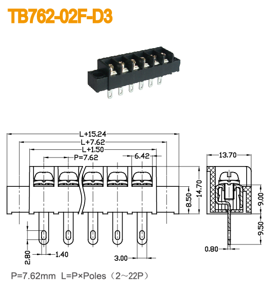 Flange Small Terminal Blocks 7.62mm 14 - 22 AWG Power Connector