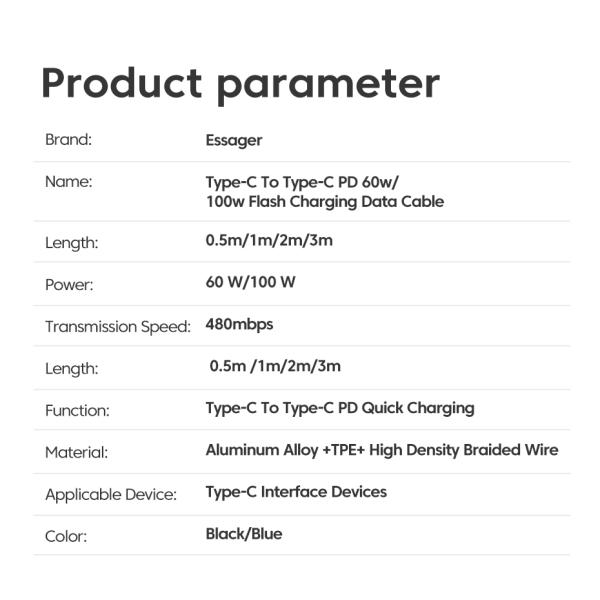 ESSAGER USB C To C Fast Charging Data Cable Wired Braided 100W
