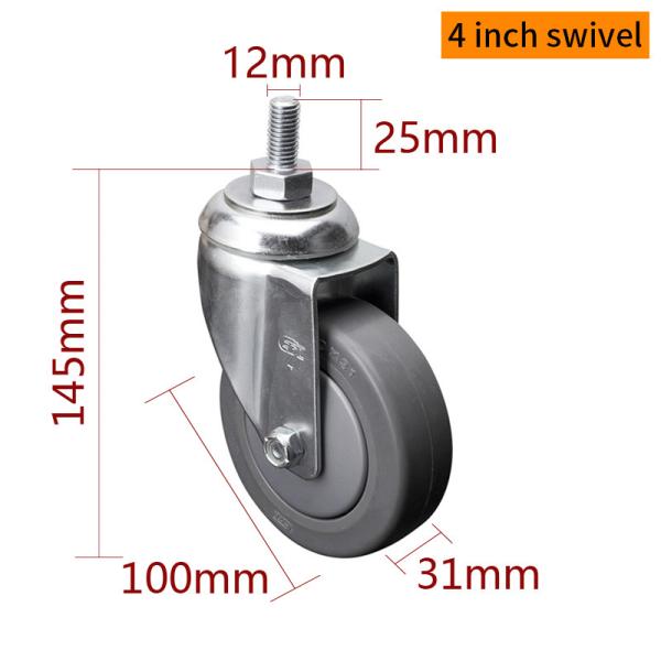 Medium Duty Zinc Coating Industrial Caster Wheels 4 Inch 110kg Threaded TPE Caster