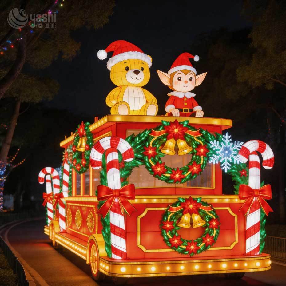 Custom LED Christmas Tram Lantern with Teddy Bear & Elf, Outdoor Light Sculpture Candy Cane Xmas Float for Plaza Exhibition, Support Customization