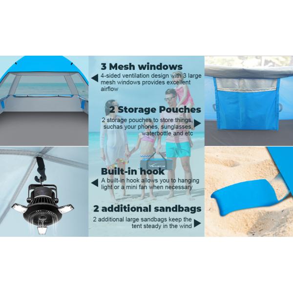 Beach Tent Sun Shelter - Portable Sun Shade Instant Tent for Beach Carrying Bag, Stakes, 6 Sand Pockets, Anti UV