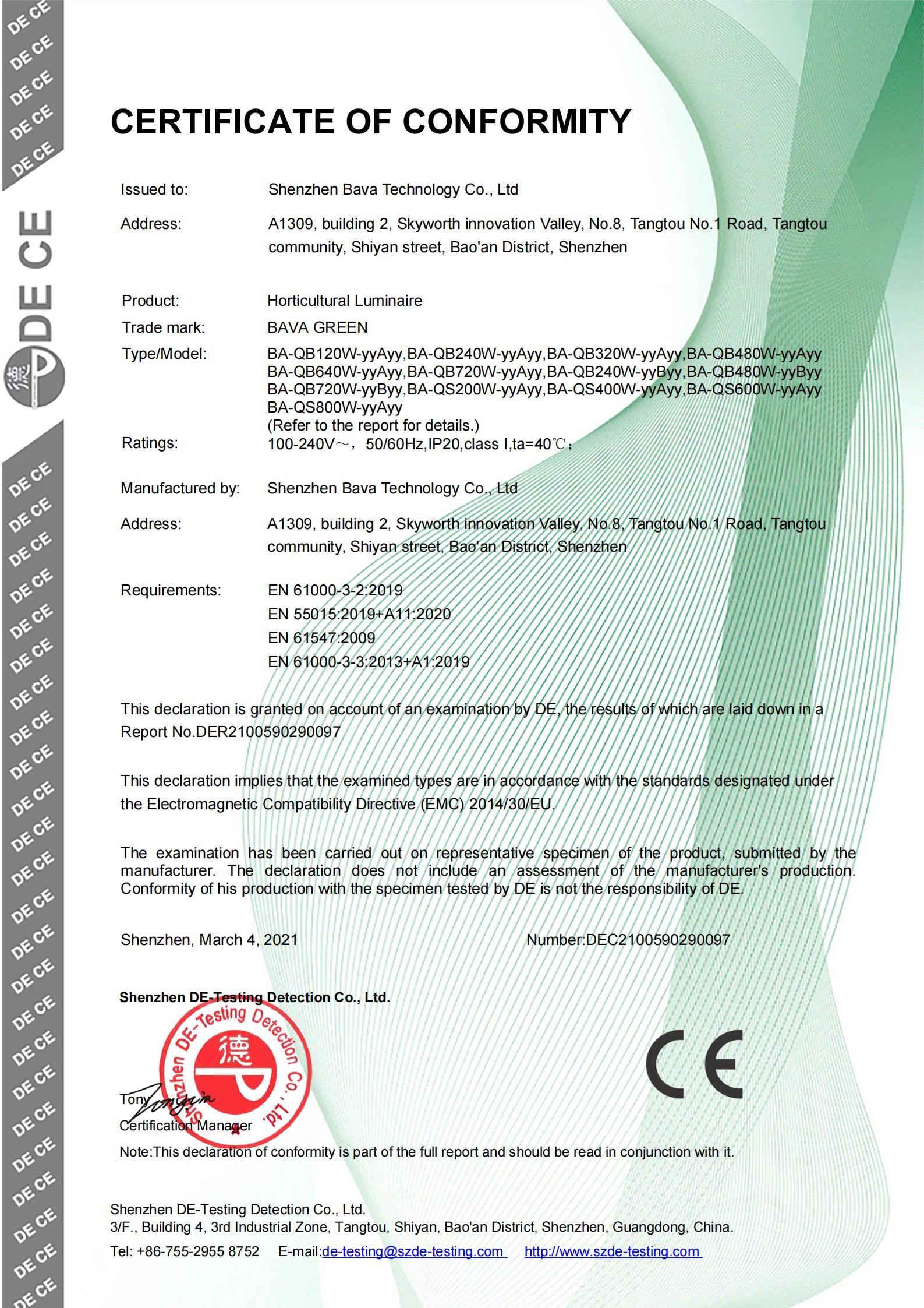 Shenzhen Bava Technology Co.,Ltd Сертификации