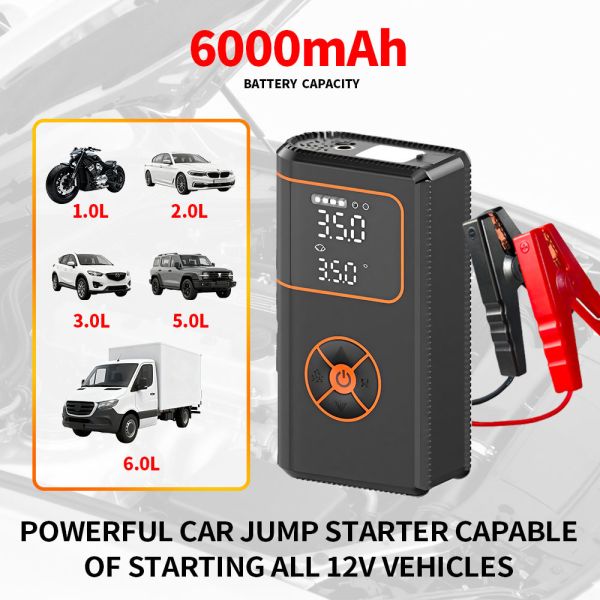 12V Car Battery Booster Tire Inflator 4 In 1 6000mAh Emergency Vehicle Jump Starter Air Pump For Car Tires