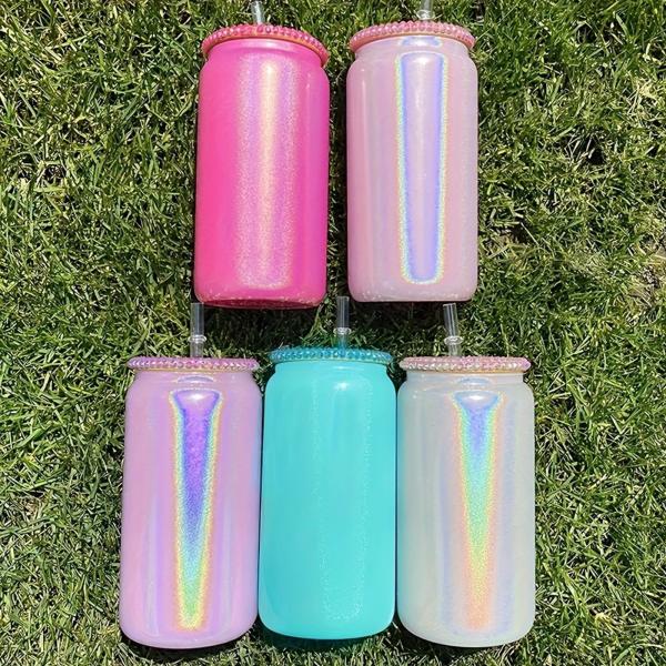 16 oz Glitter Iridescent Glass Water Tumbler botella de vidrio de beber con tapa de bambú para el café helado jugo de cerveza soda