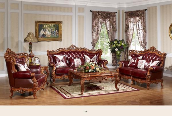 Luxury classic antique European style living room furniture  solid wood leather  sofa set