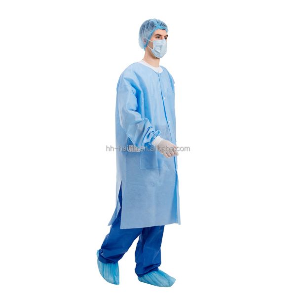 Soft Blue Medical Lab Coats Knitted Cuff Disposable Gown Protective Button Style Surgery Gown