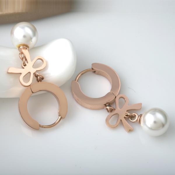 Rose Gold Pearl Stud Earrings with stainless steel materials, Bowknot TasselsPearl Earring