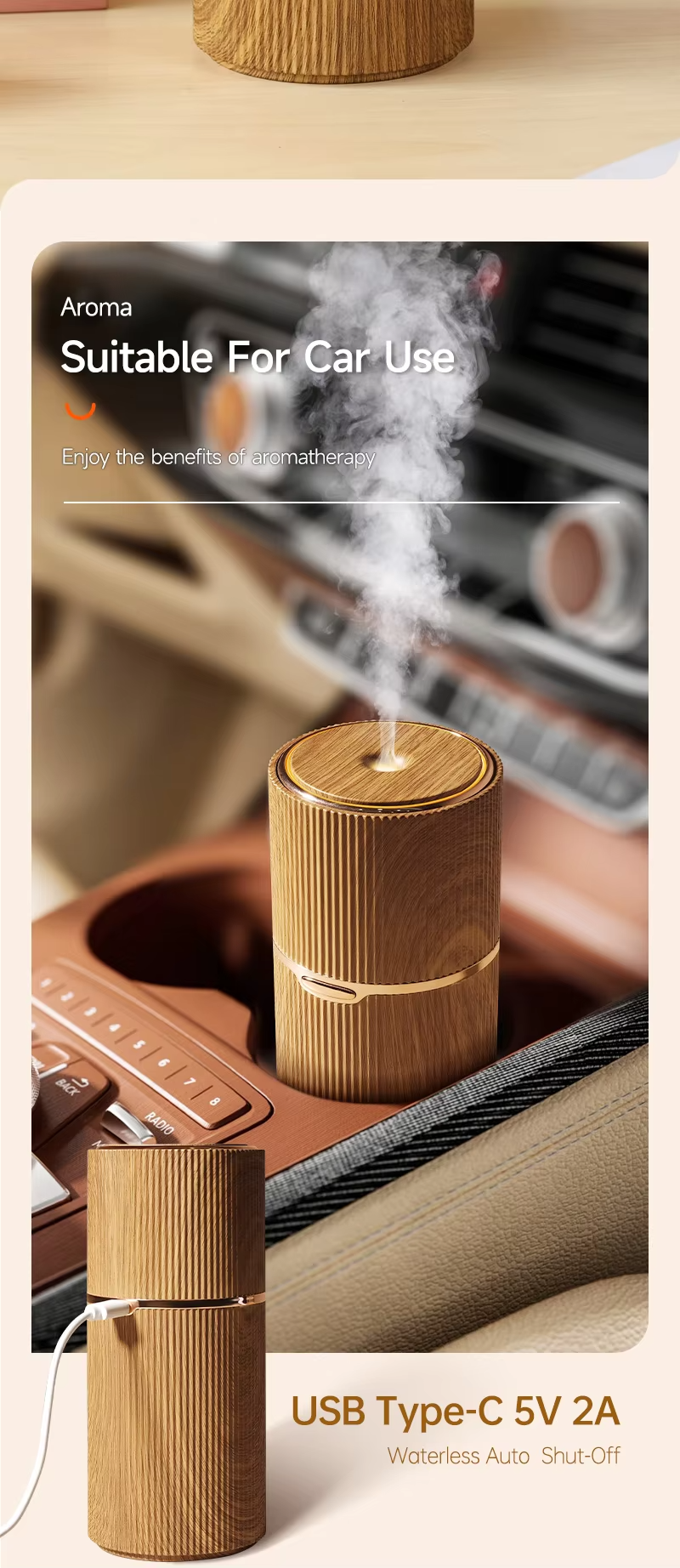 USB Type-C Home Aroma Diffuser with 100ml Water Tank Capacity and Waterless Auto Shut-Off
