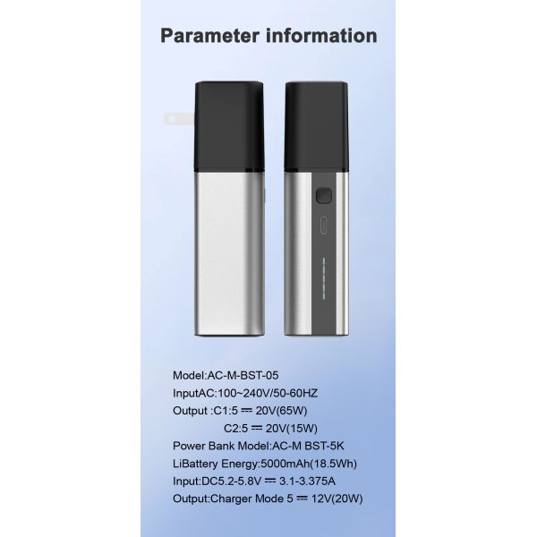 Aluminum Alloy AC Portable Power Bank 2 in 1 Type C Charger Detachable 5000mAh