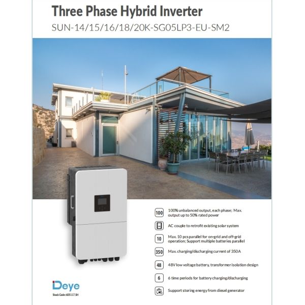 Deye SUN-14/15/16/18/20K-SG05LP3-EU-SM2 15kw Solar Inverter Hybrid Inverter 15kw 18kw in Stock