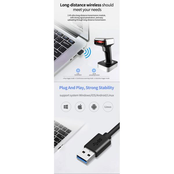 LED Display Handheld Bluetooth Barcode Scanner Wireless 1D 2D Barcode Scanner Black With Charging Base