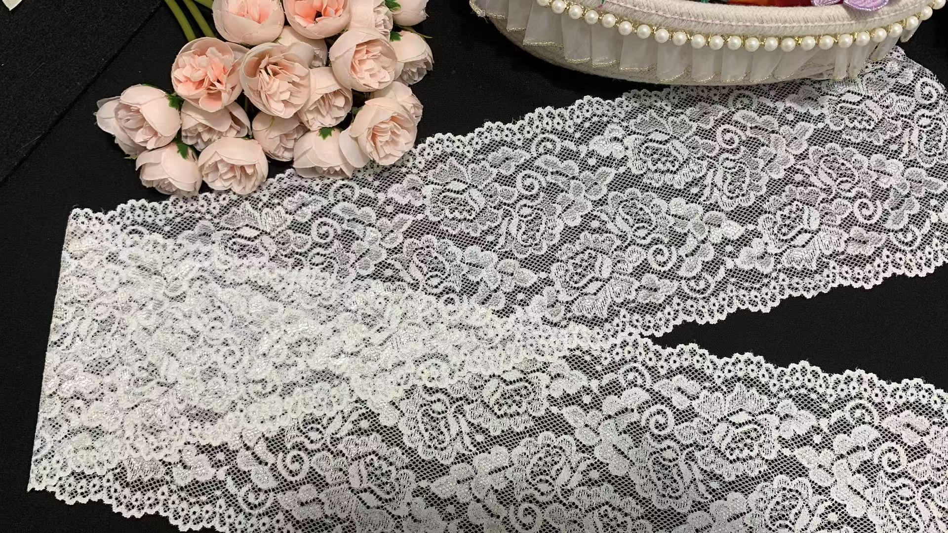 A1Z020 Vintage Rose Floral Elastic Lace Trim, Double Scalloped Hollow Out White Lace Ribbon For Lingerie Dress Nightgown Decoration