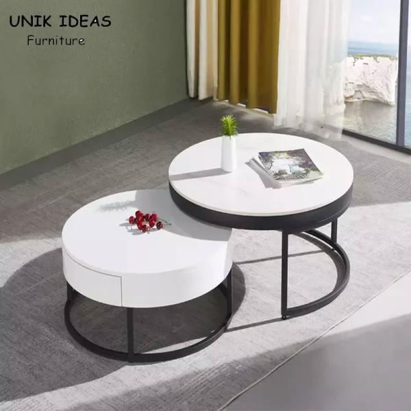 Vintage White Luxury Marble Top Coffee Table With Drawer Storage Black Steel Base
