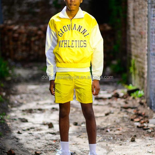 Logotipo con parche bordado a medida, rompevientos, manga larga, botón de arriba, camisa, hombres, pantalones cortos de nylon, uniformes, pantalones cortos deportivos para hombres.