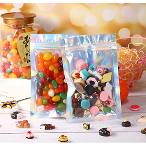 Clear Front Foil Back Iridescent Food Zip Lock Bags Resealable Holographic Stand Up Pouches Smell Proof Mylar Bags