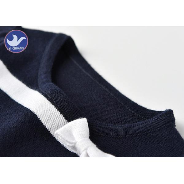 Crew Neck Girls Knitted Dress Long Sleeves Pleated Stripes Butterfly Knot Girls