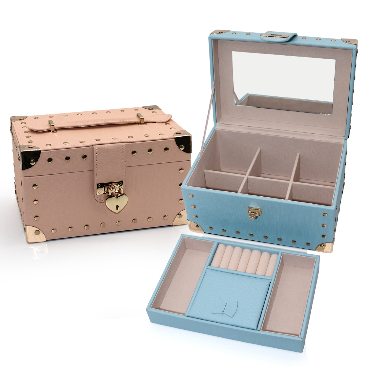 PU Leather Luxury Jewelry Storage Box Pink Blue 225x155x130mm Travel Jewellery Box